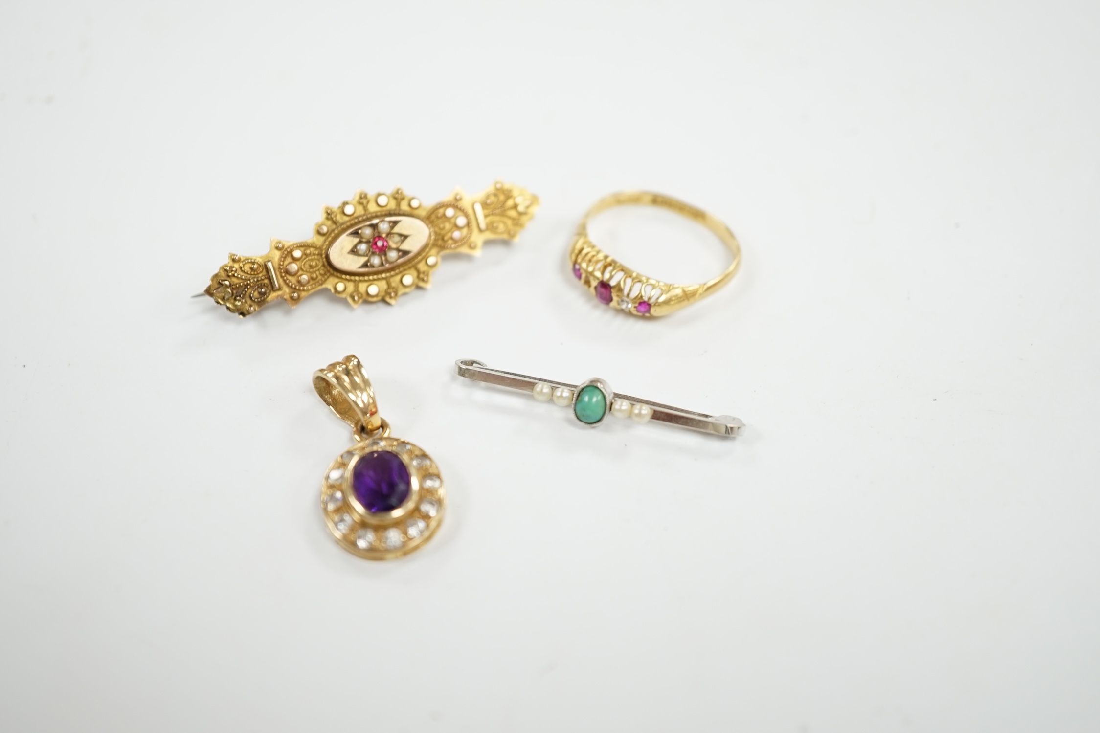 A George V 18ct gold, ruby and diamond set ring (stone missing), together with a 14ct white metal and gem set bar brooch, 32mm, a 9ct and gem set brooch and a modern 9ct gold and gem set pendant. Condition - poor to fair